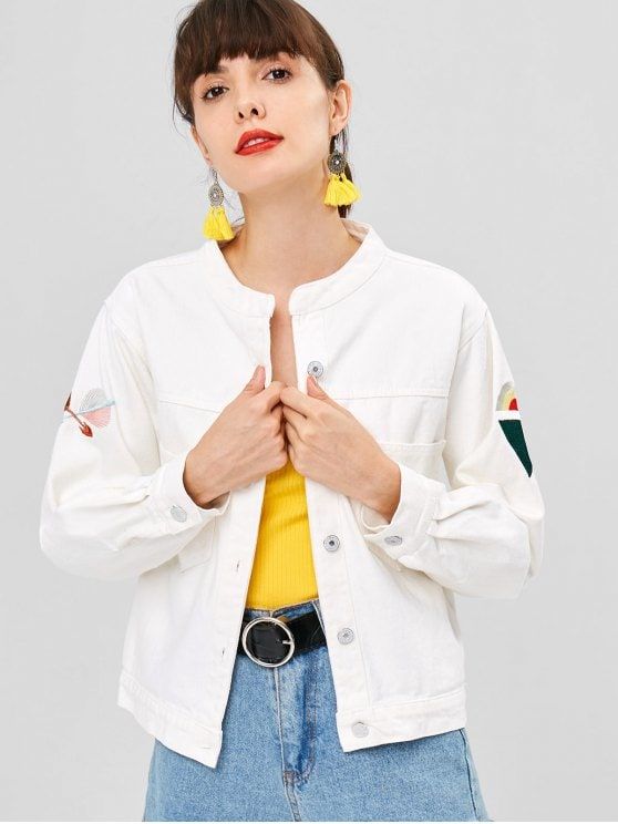 Button Up Embroidered Patched Denim Jacket