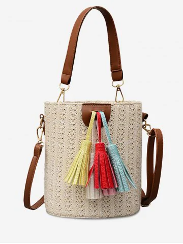 Tassels decoration bucket shaped straw casual tote bag