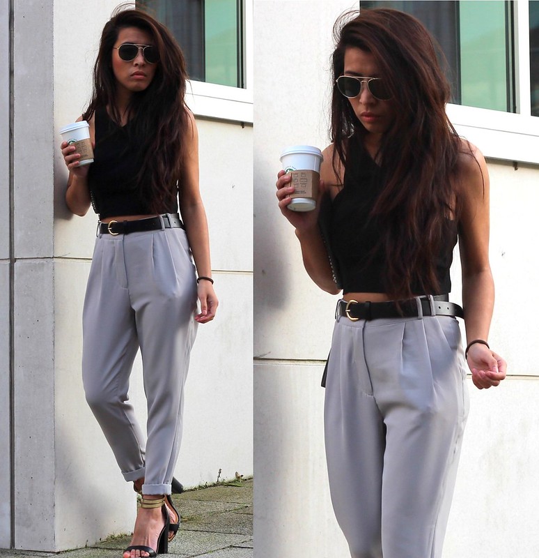 Black crop top and high waist trousers