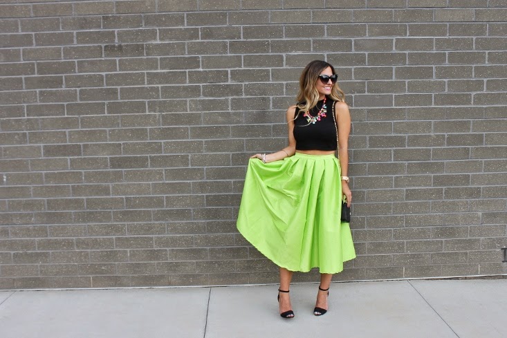 Crop top with a neon midi skirt